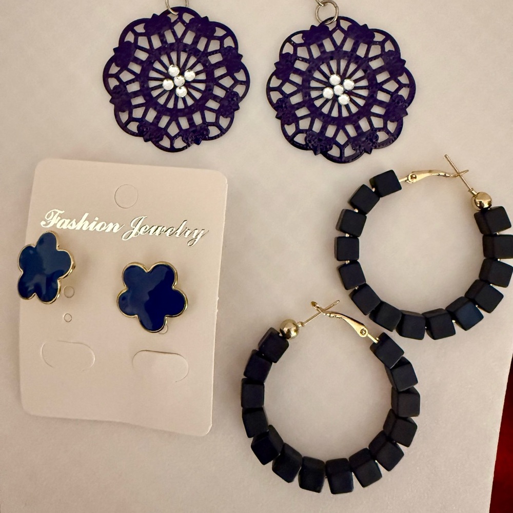 Fashion Jewelry Blue and Purple Earring Set 3 pairs NWOT